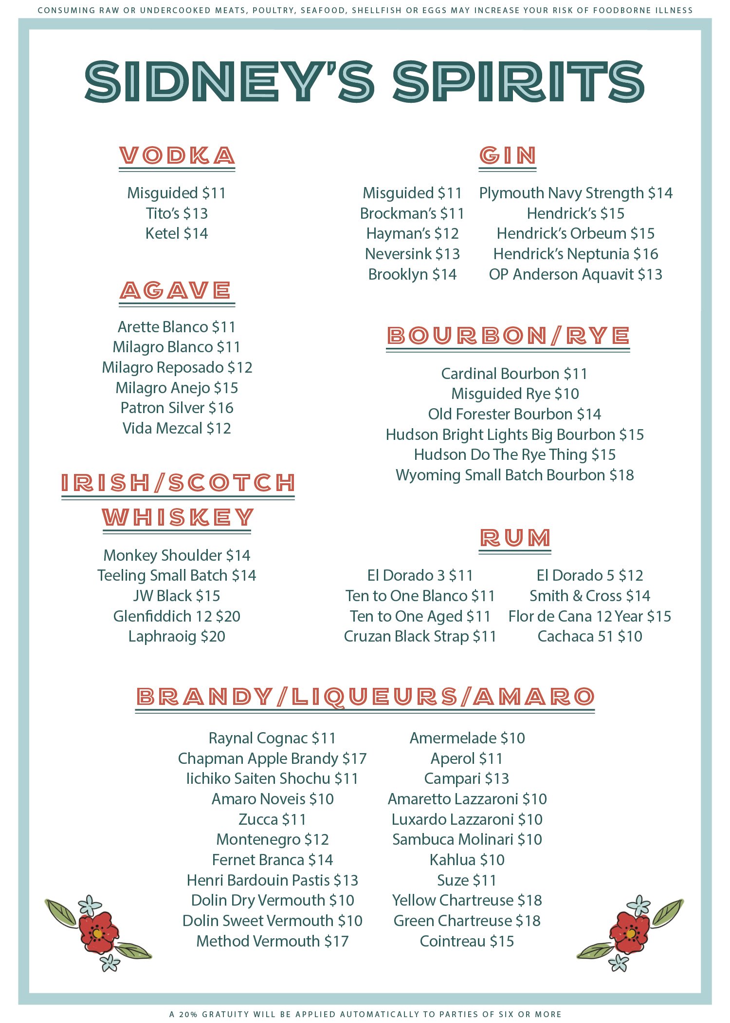 Spirits Menu